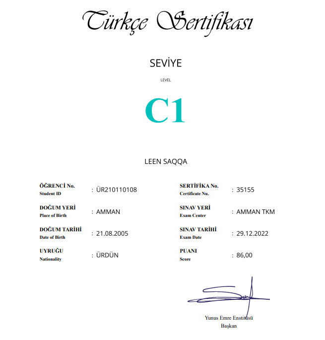 C1 level certificate in the Turkish Language - Yunus Emre Institute.