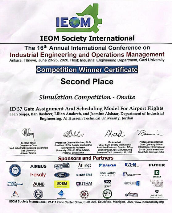 2nd place Competition Winner Certificate in the IEOM Annual International Conference 2026 for presenting the research paper "Gate Assignment and Scheduling Model for Airport Flights."