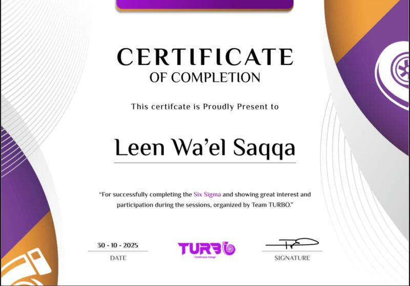Certificate of completion: Six Sigma Workshop from TURBO Team.